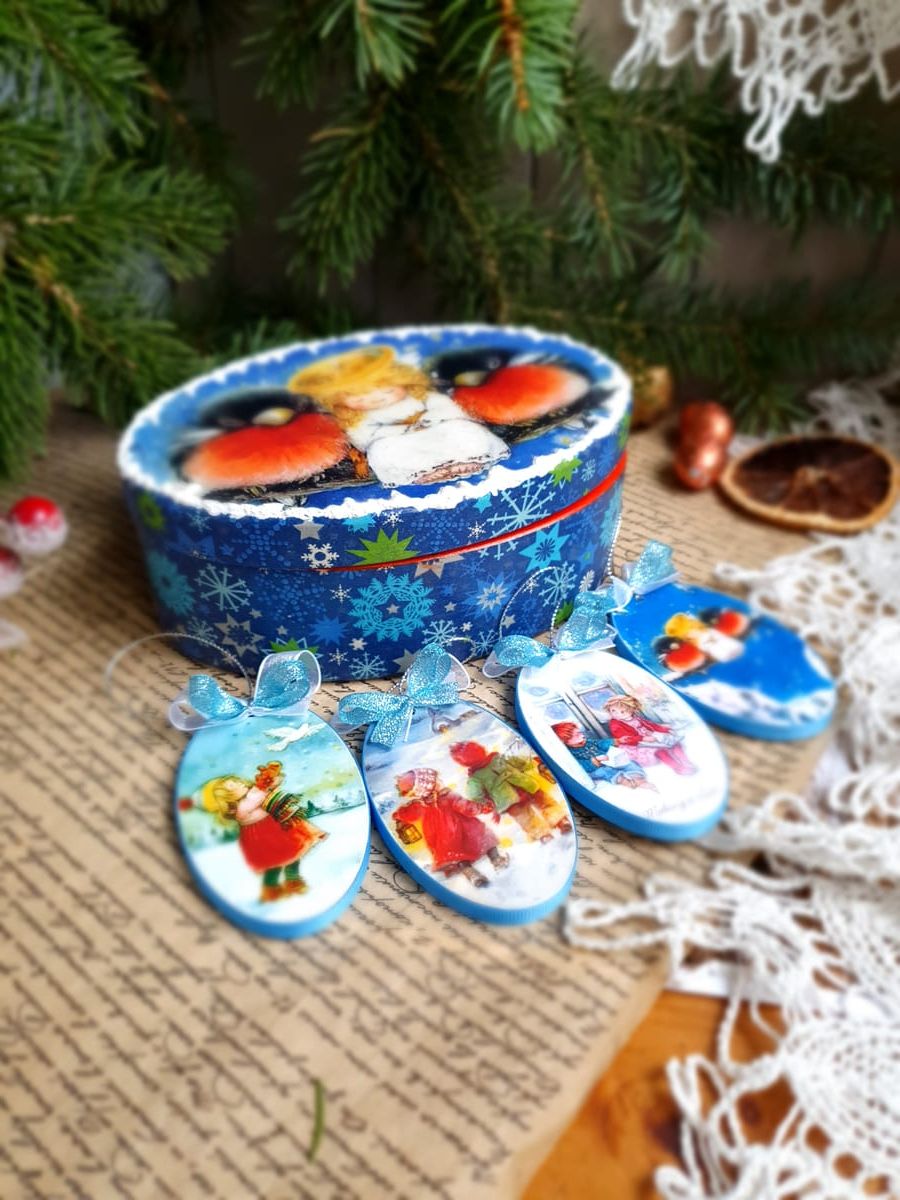 Новогодняя шкатулка Ангелы со снегирями